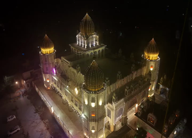 Aerial Night View of Illuminated Gurdwara in Ludhiana Punjab India