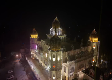 Aerial Night View of Illuminated Gurdwara in Ludhiana Punjab India