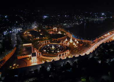 Aerial Night View of Mahakal Lok and Rudra Sagar Lake Ujjain Madhya Pradesh India