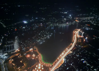 Aerial Night View of Mahakal Lok and Rudra Sagar Lake Ujjain Madhya Pradesh India