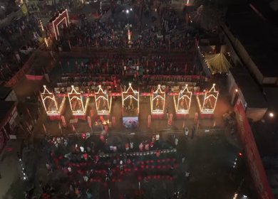 Aerial Night View of Mahakumbh Mela Fairground and Illuminated Ritual Stages Prayagraj Uttar Pradesh