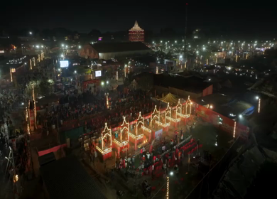 Aerial Night View of Mahakumbh Mela Fairground and Illuminated Ritual Stages Prayagraj Uttar Pradesh