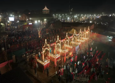 Aerial Night View of Mahakumbh Mela Fairground and Illuminated Ritual Stages Prayagraj Uttar Pradesh