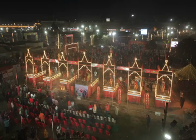Aerial Night View of Mahakumbh Mela Fairground and Illuminated Ritual Stages Prayagraj Uttar Pradesh