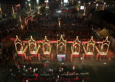 Aerial Night View of Mahakumbh Mela Fairground and Illuminated Ritual Stages Prayagraj Uttar Pradesh