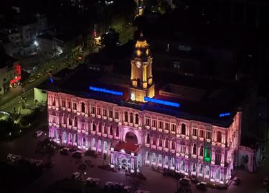 Aerial Night View of Ripon Building and Greater Chennai Corporation