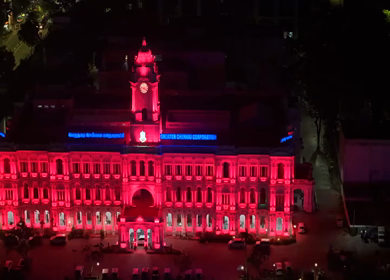 Aerial Night View of Ripon Building and Greater Chennai Corporation