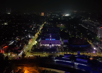 Aerial Night View of Ripon Building and Greater Chennai Corporation
