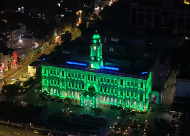 Aerial Night View of Ripon Building and Greater Chennai Corporation