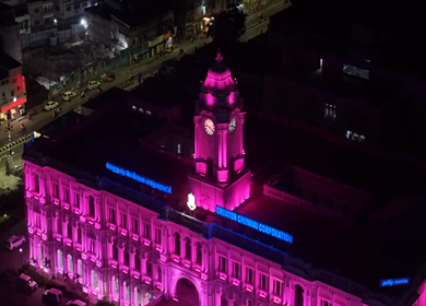 Aerial Night View of Ripon Building and Greater Chennai Corporation