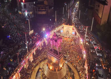 19th February 2026 : Aerial Night View of Shivaji Jayanti Celebration at Kranti Chowk Sambhajinagar Maharashtra India