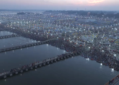 Aerial Night Views of Illuminated Festival Grounds and Pilgrimage Maha Kumbh Mela 2025, Prayagraj