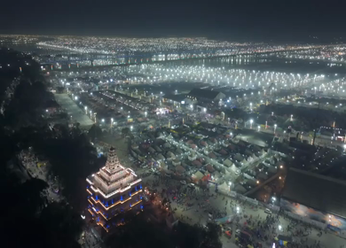 Aerial Night Views of Illuminated Festival Grounds and Pilgrimage Maha Kumbh Mela 2025, Prayagraj