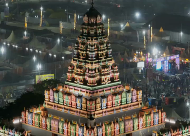 Aerial Night Views of Illuminated Festival Grounds and Pilgrimage Maha Kumbh Mela 2025, Prayagraj