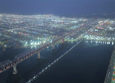 Aerial Night Views of Illuminated Festival Grounds and Pilgrimage Maha Kumbh Mela 2025, Prayagraj