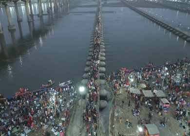 Aerial Night Views of Illuminated Festival Grounds and Pilgrimage Maha Kumbh Mela 2025, Prayagraj