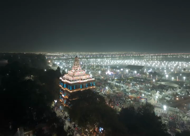 Aerial Night Views of Illuminated Festival Grounds and Pilgrimage Maha Kumbh Mela 2025, Prayagraj