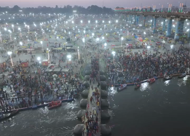 Aerial Night Views of Illuminated Festival Grounds and Pilgrimage Maha Kumbh Mela 2025, Prayagraj