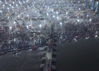 Aerial Night Views of Illuminated Festival Grounds and Pilgrimage Maha Kumbh Mela 2025, Prayagraj