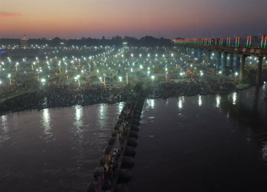 Aerial Night Views of Illuminated Festival Grounds and Pilgrimage Maha Kumbh Mela 2025, Prayagraj