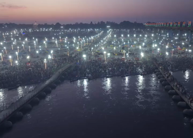 Aerial Night Views of Illuminated Festival Grounds and Pilgrimage Maha Kumbh Mela 2025, Prayagraj