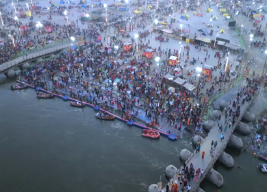 Aerial Night Views of Illuminated Festival Grounds and Pilgrimage Maha Kumbh Mela 2025, Prayagraj