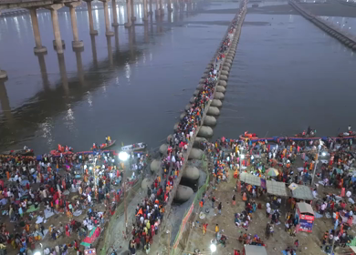 Aerial Night Views of Illuminated Festival Grounds and Pilgrimage Maha Kumbh Mela 2025, Prayagraj