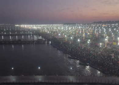 Aerial Night Views of Illuminated Festival Grounds and Pilgrimage Maha Kumbh Mela 2025, Prayagraj