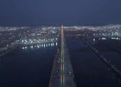 Aerial Night Views of Illuminated Festival Grounds and Pilgrimage Maha Kumbh Mela 2025, Prayagraj