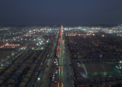 Aerial Night Views of Illuminated Festival Grounds and Pilgrimage Maha Kumbh Mela 2025, Prayagraj