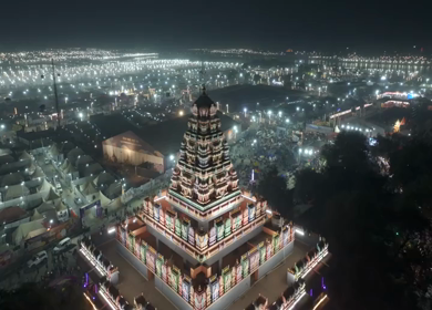 Aerial Night Views of Illuminated Festival Grounds and Pilgrimage Maha Kumbh Mela 2025, Prayagraj