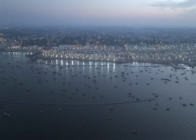 Aerial Night Views of Illuminated Festival Grounds and Pilgrimage Maha Kumbh Mela 2025, Prayagraj