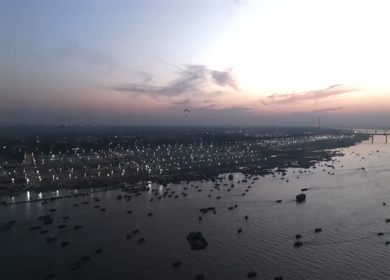 Aerial Night Views of Illuminated Festival Grounds and Pilgrimage Maha Kumbh Mela 2025, Prayagraj