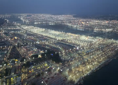 Aerial Night Views of Illuminated Festival Grounds and Pilgrimage Maha Kumbh Mela 2025, Prayagraj