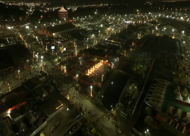 Aerial Night Views of Illuminated Festival Grounds and Pilgrimage Maha Kumbh Mela 2025, Prayagraj