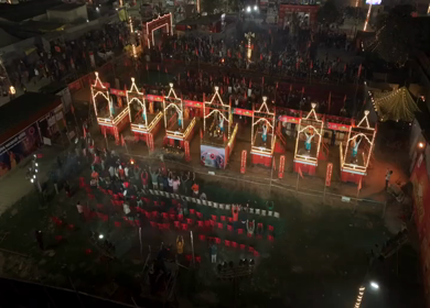 Aerial Night Views of Illuminated Festival Grounds and Pilgrimage Maha Kumbh Mela 2025, Prayagraj