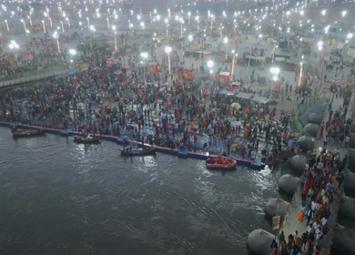 Aerial Night Views of Illuminated Festival Grounds and Pilgrimage Maha Kumbh Mela 2025, Prayagraj
