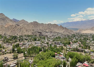 Aerial Panorama of Leh Town Surrounded by Himalayan Mountains in Ladakh India