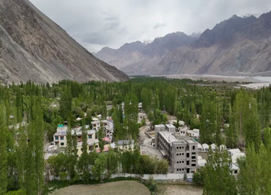 Aerial Panorama of Leh Town Surrounded by Himalayan Mountains in Ladakh India