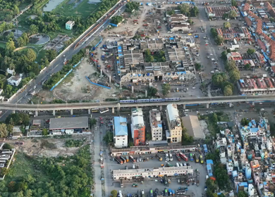 Aerial Shot of Anna Nagar Flyover and Urban Traffic in Chennai Tamil Nadu India