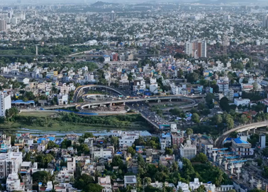 Aerial Shot of Anna Nagar Flyover and Urban Traffic in Chennai Tamil Nadu India