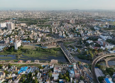 Aerial Shot of Anna Nagar Flyover and Urban Traffic in Chennai Tamil Nadu India