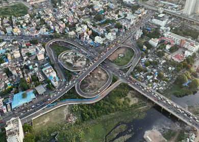 Aerial Shot of Anna Nagar Flyover and Urban Traffic in Chennai Tamil Nadu India