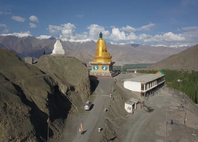 An aerial Shot of the Buddha Statue in Leh Ladakh,India