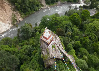 Aerial Shot of Buddhist Monastery in Mountain Valley Arunachal Pradesh India
