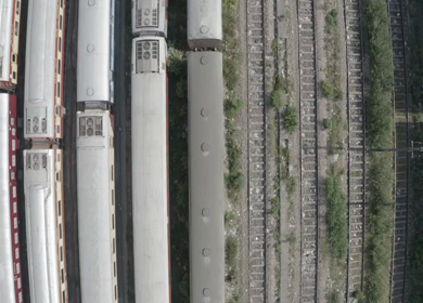 An aerial shot of Indian Trains being at a StandStill position at New Delhi,India