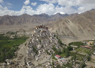 An aerial shot of Leh city during the day time at Ladakh