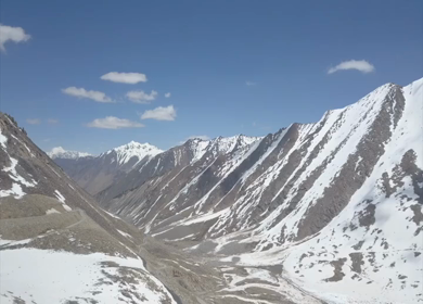 An aerial shot of mountains with snow at Leh ladakh,India