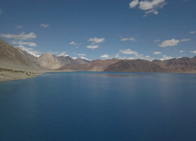An aerial shot of the Pangong Lake in Leh, Ladakh