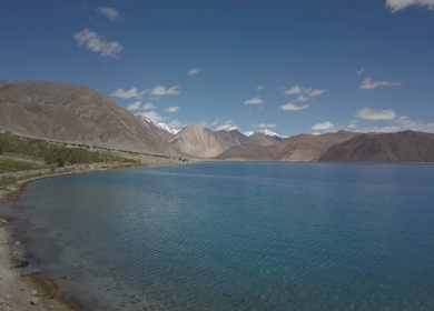 An aerial shot of the Pangong Lake at Leh, Ladakh